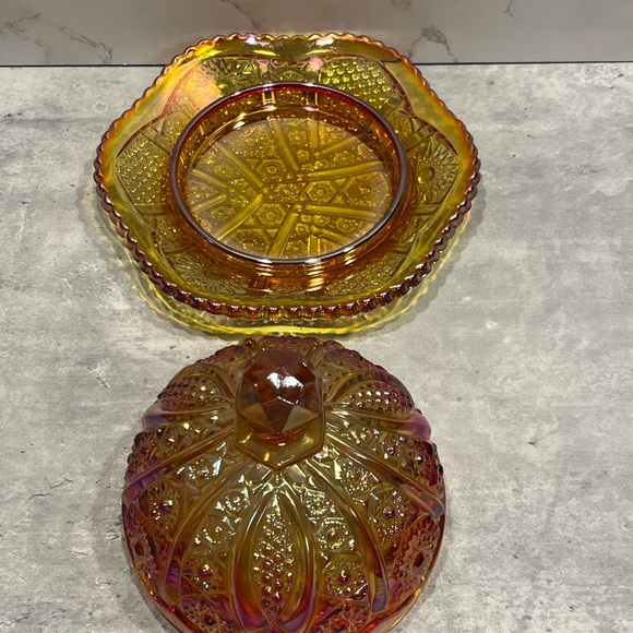 Indiana Glass Co. Iridescent Sunset Carnival Glass Round Butter Dish orange - Picture 7 of 14
